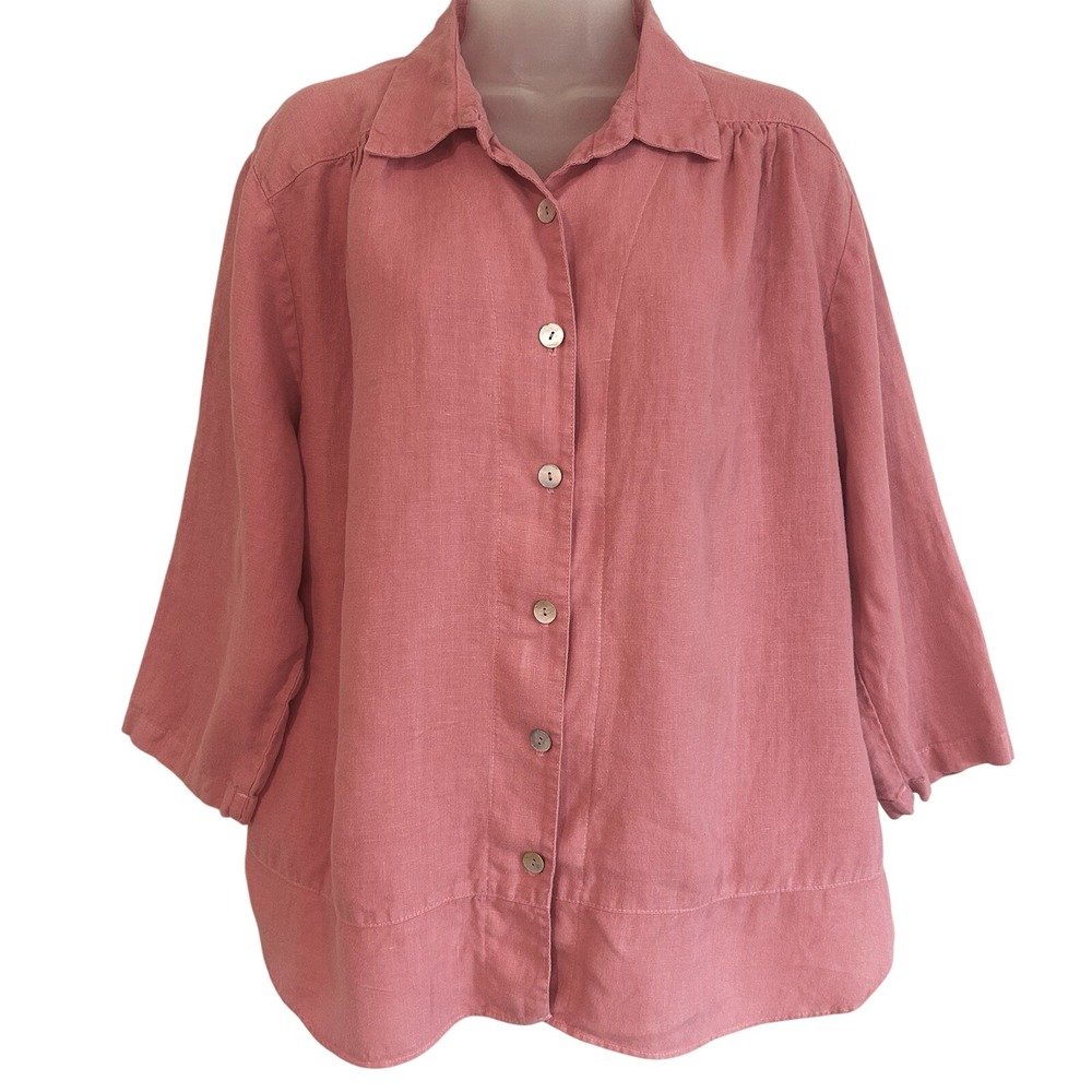 Mosaic Made in USA Linen Top Shirt Sz XL Pink Buttons Beach Coastal 3/4 Sleeve